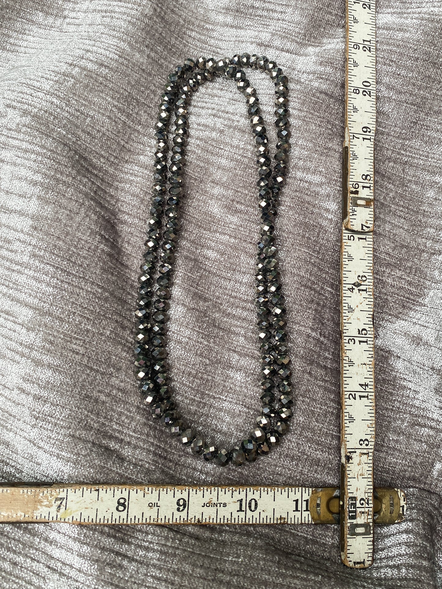 Vintage Gray Faceted Bead Necklace - 1980s Retro Metallic Disco Beads - Long Opera Length Continuous Strand