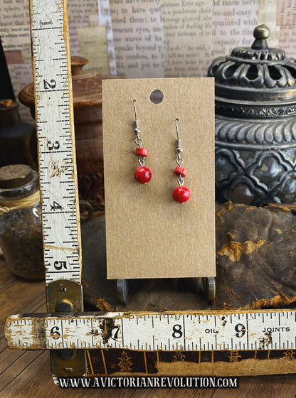 Red Beaded Drop Dangle Earrings - Silver Tone Fish Hooks - Minimalist Style, Used, Vintage Charm
