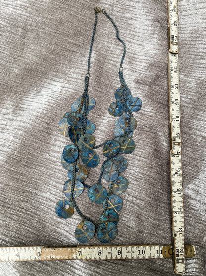 Blue Verdigris Triple Strand Necklace - Vintage Etched Geometric Discs - Funky Retro Artisan Jewelry