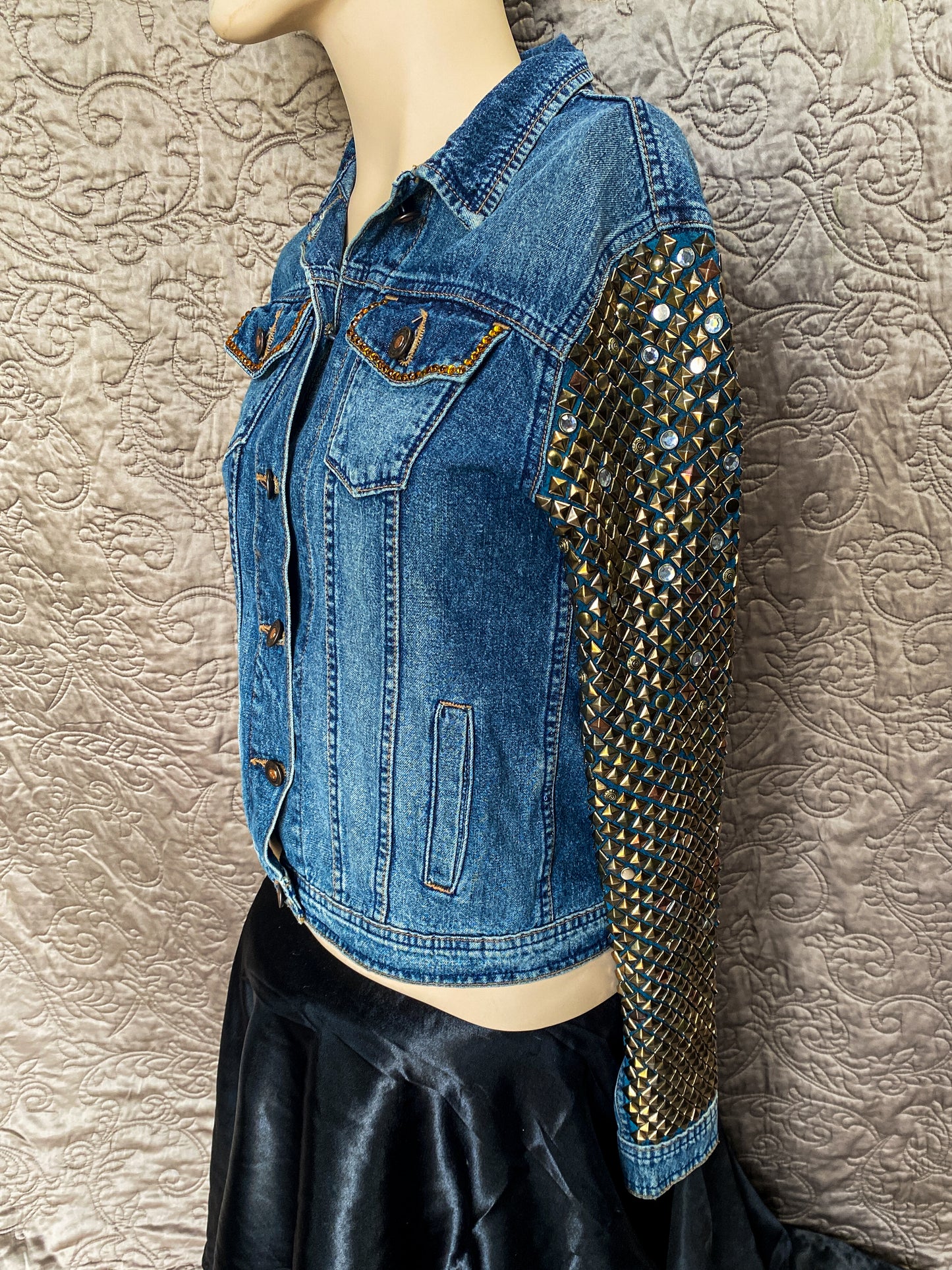 Blue Denim Embellished Jacket - Rocker Glam - Extra Small - Gold Sequin Angel Wings - Punk Studded Sleeves - Y2K Western