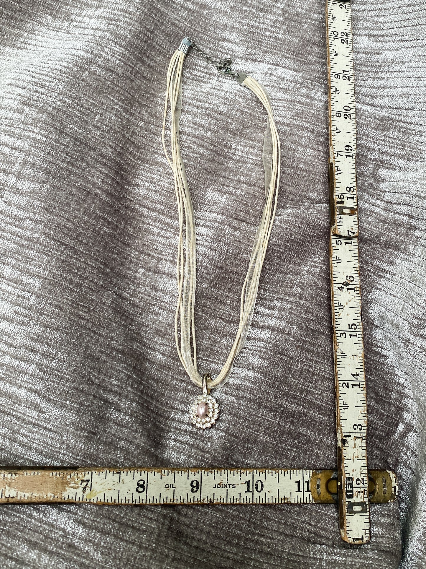 Retro Style Rhinestone + Faux Pearl Petal Cluster Pendant - Ribbon Necklace - Costume Jewelry