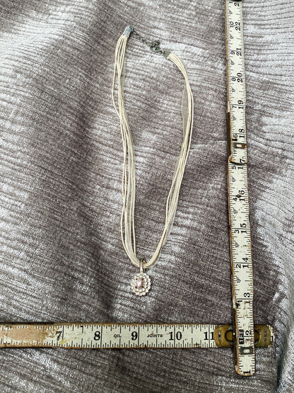 Retro Style Rhinestone + Faux Pearl Petal Cluster Pendant - Ribbon Necklace - Costume Jewelry