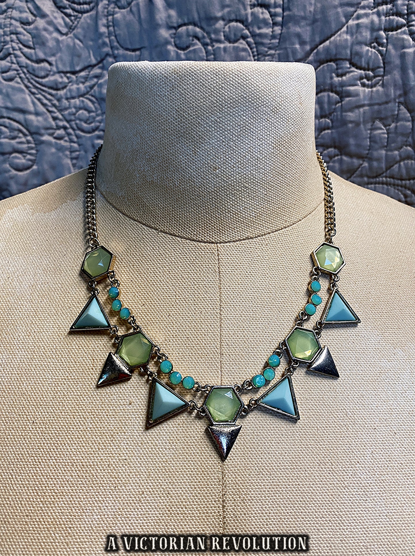 Mint Green and Teal Geometric Statement Necklace – Gold Tone Art Deco Revival Necklace - Costume Jewelry