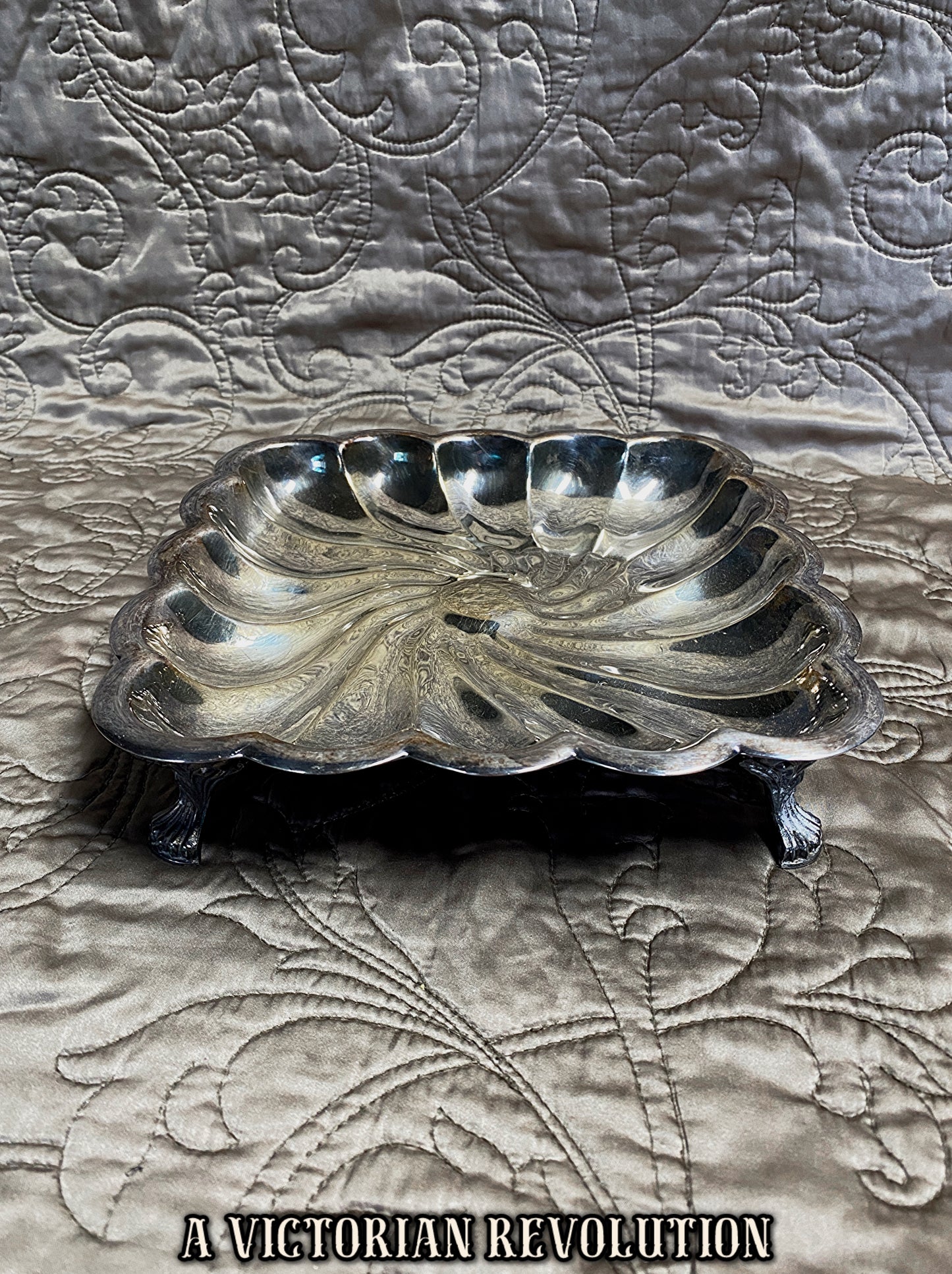 Vintage Silver Plated Footed Serving Dish with Spiral Flute Design - Sheffield Reproduction with Patina