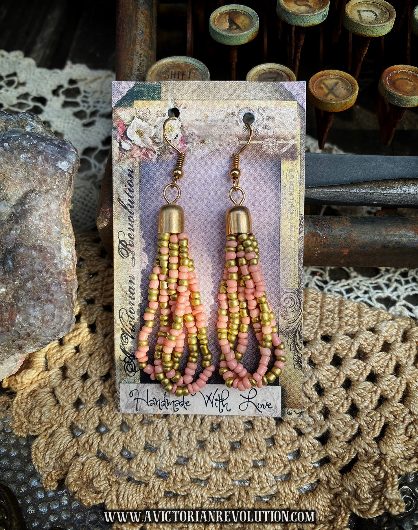 Pink and Gold Beaded Loop Dangle Earrings