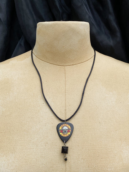 Retro 80s 90s Style Guns N' Roses Guitar Pick Necklace - Handmade Hard Rock Jewelry - Black Cord Pendant