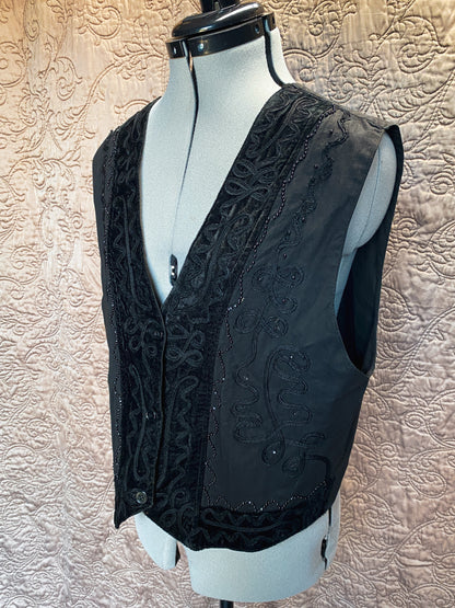 Black Beaded + Embroidered Vest - Button Front, Boho Style - Textured Vintage Vest - Small