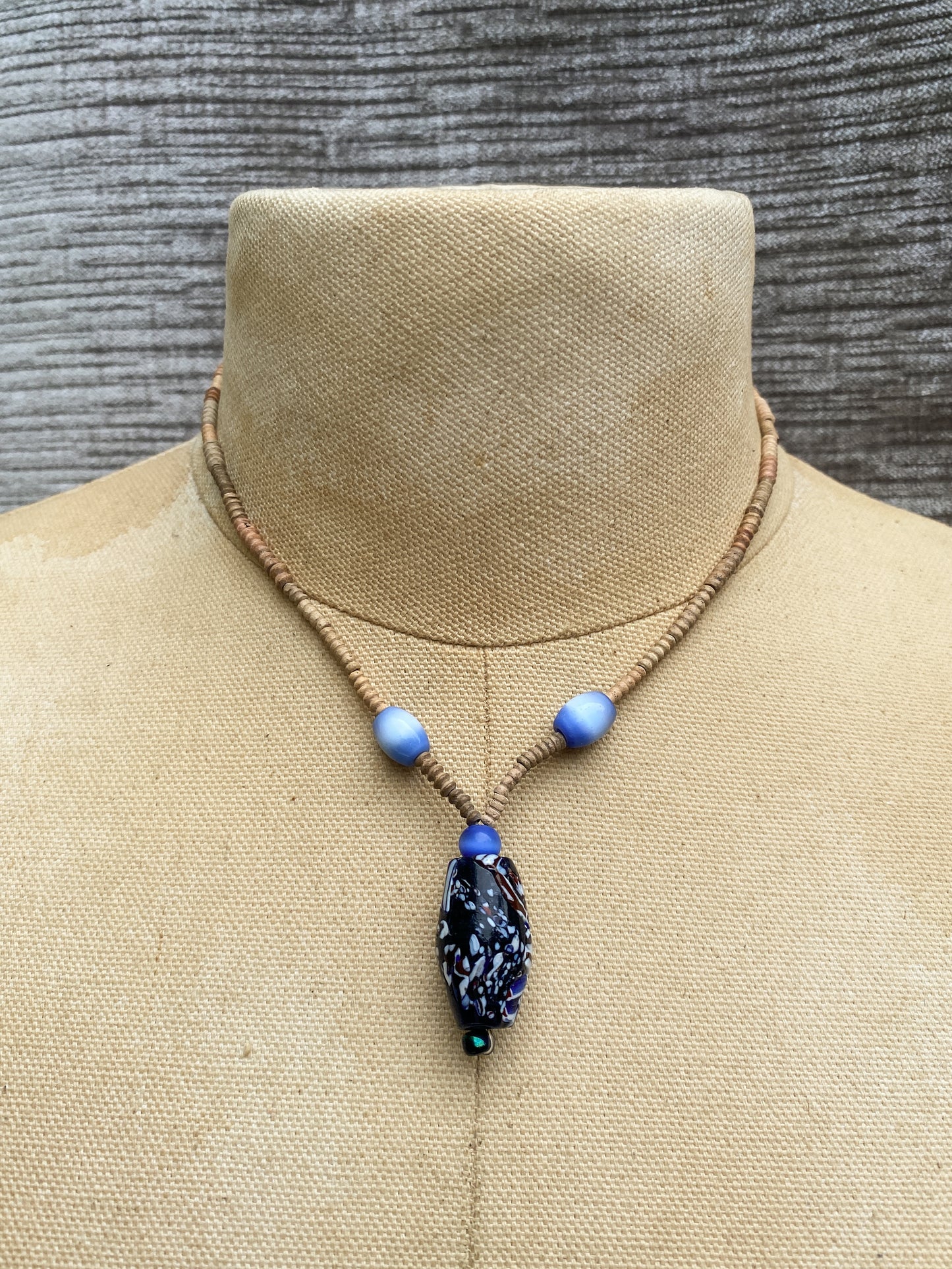 Vintage Brown Heishi Bead Choker Necklace - Blue Blown Glass Barrel Focal - Retro Bohemian Artisan Jewelry