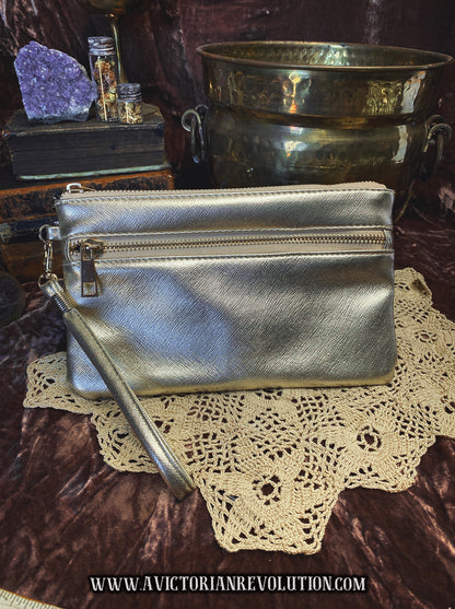 Metallic Gold Faux Leather Wristlet Clutch Pouch - Used Vintage Y2K - Night Out Accessory