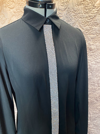 Michael Kors Black Sheer Blouse - Rhinestone Embellished Long Sleeve Button Down Shirt - Elegant, Modern - Small