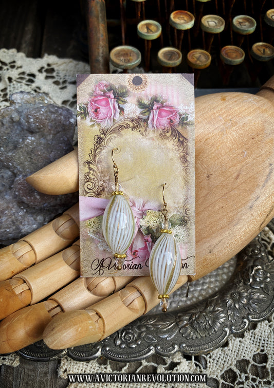 White and Gold Ribbed Blown Glass Teardrop Earrings - Vintage Style