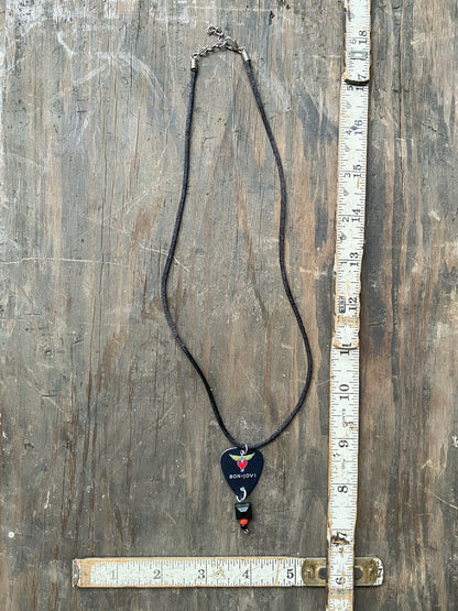 Retro 80s 90s Style Bon Jovi Guitar Pick Necklace - Handmade Rock Band Jewelry - Heart And Dagger Graphic