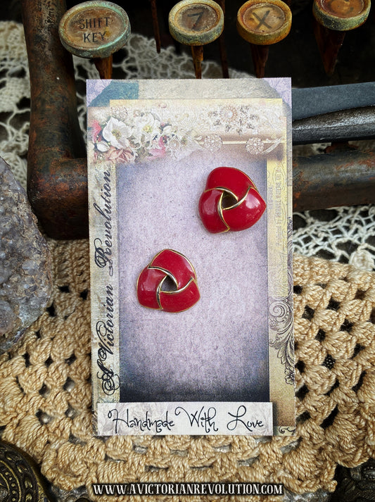 Vintage Red Enamel Geometric Knot Stud Earrings - 1980s Retro - Gold Tone - Used