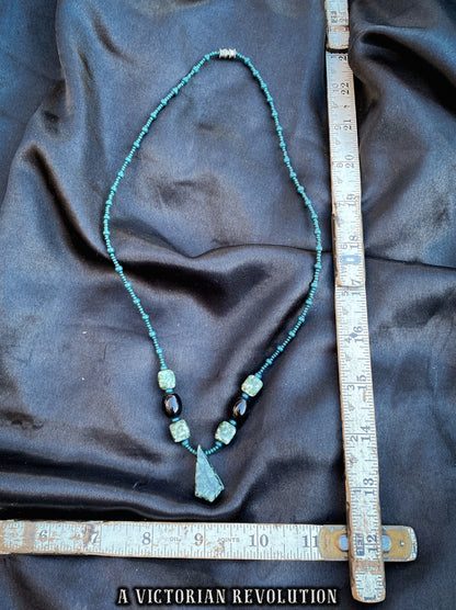 Moss Agate and Onyx Beaded Necklace - Earthy Green and Black Stone - Geometric Shield Pendant - Vintage Boho Style - Handcrafted Aesthetic