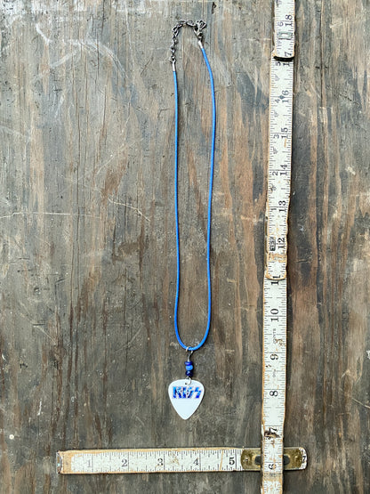 Retro 70s 80s Style Kiss Guitar Pick Necklace - Handmade Rock Band Jewelry - Blue Cord
