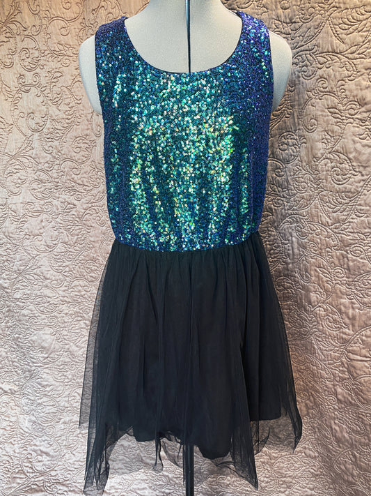 Blue Green Iridescent Sequin Black Tulle Mini Dress - Sleeveless, Elastic Waist - Sparkly, Mermaid - Divided - Size 12