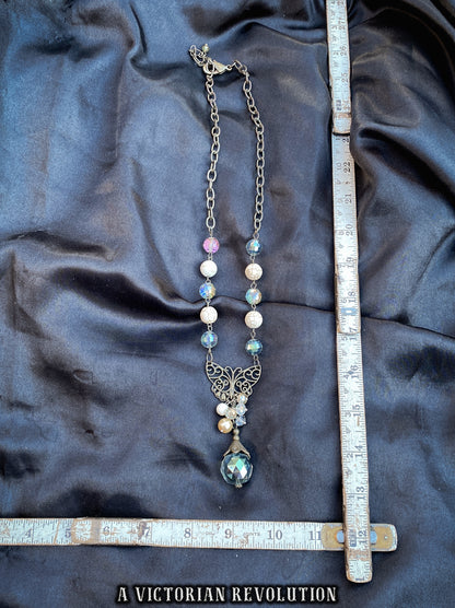 Enchanted Faery Style Bronze Butterfly Necklace, Iridescent Beads