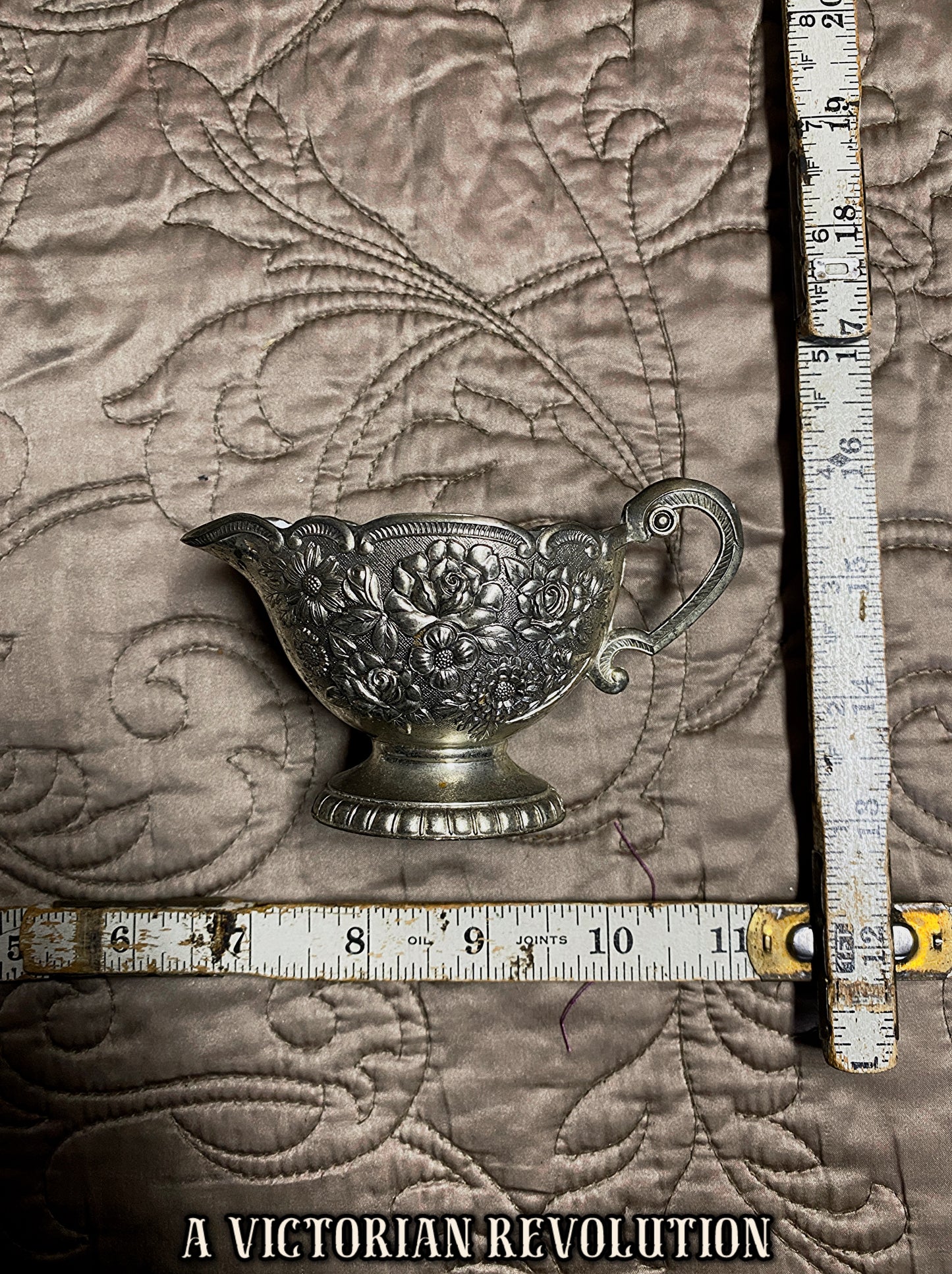 Vintage Silver Repoussé Floral Creamer – Shabby Chic Rustic Mini Pitcher with Antique Patina