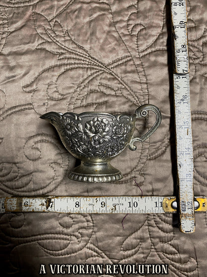 Vintage Silver Repoussé Floral Creamer – Shabby Chic Rustic Mini Pitcher with Antique Patina