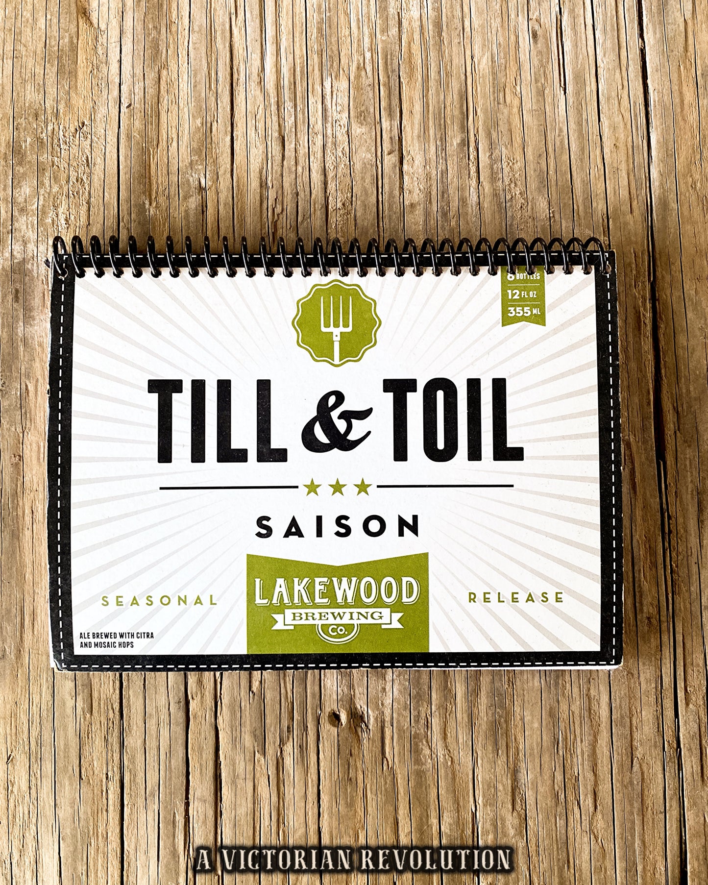 Upcycled Lakewood Brewing Till + Toil Saison Beer Packaging Spiral Notebook – Handmade Eco-Friendly Journal Featuring Citra and Mosaic Hops Graphics