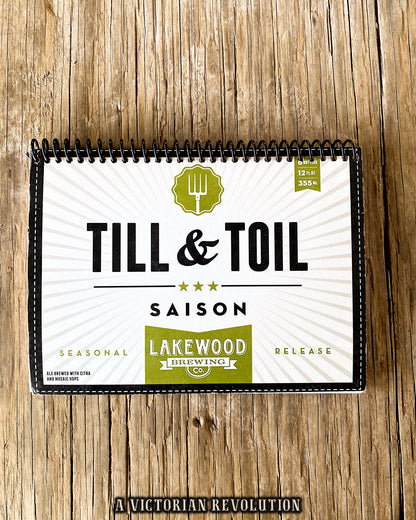 Upcycled Lakewood Brewing Till + Toil Saison Beer Packaging Spiral Notebook – Handmade Eco-Friendly Journal Featuring Citra and Mosaic Hops Graphics