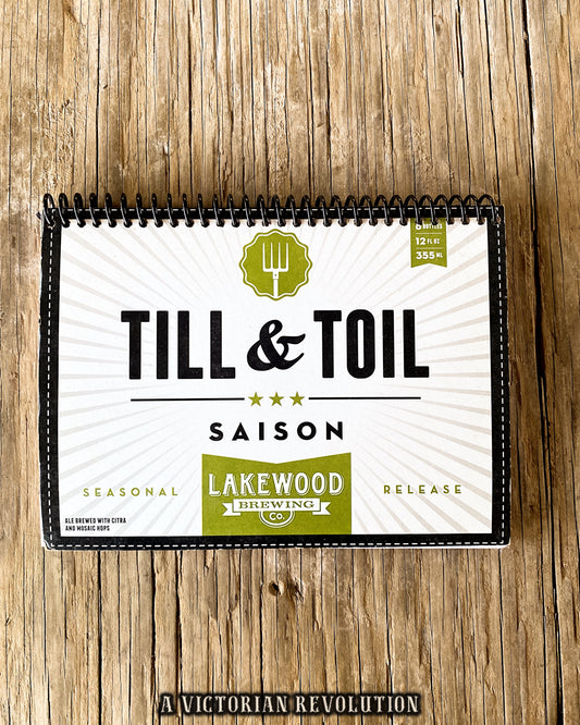Upcycled Lakewood Brewing Till + Toil Saison Beer Packaging Spiral Notebook – Handmade Eco-Friendly Journal Featuring Citra and Mosaic Hops Graphics