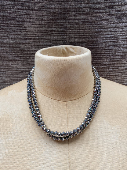 Vintage Gray Faceted Bead Necklace - 1980s Retro Metallic Disco Beads - Long Opera Length Continuous Strand