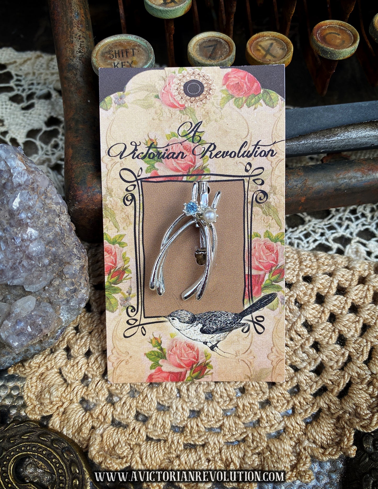 Silver Tone Good Luck Wishbone Brooch - Blue Stone and White Pearl - Vintage 1940s-1950s Style