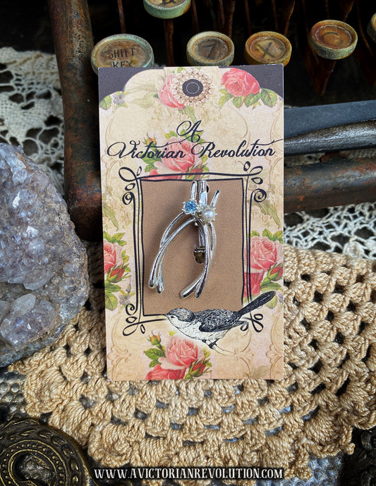 Silver Tone Good Luck Wishbone Brooch - Blue Stone and White Pearl - Vintage 1940s-1950s Style