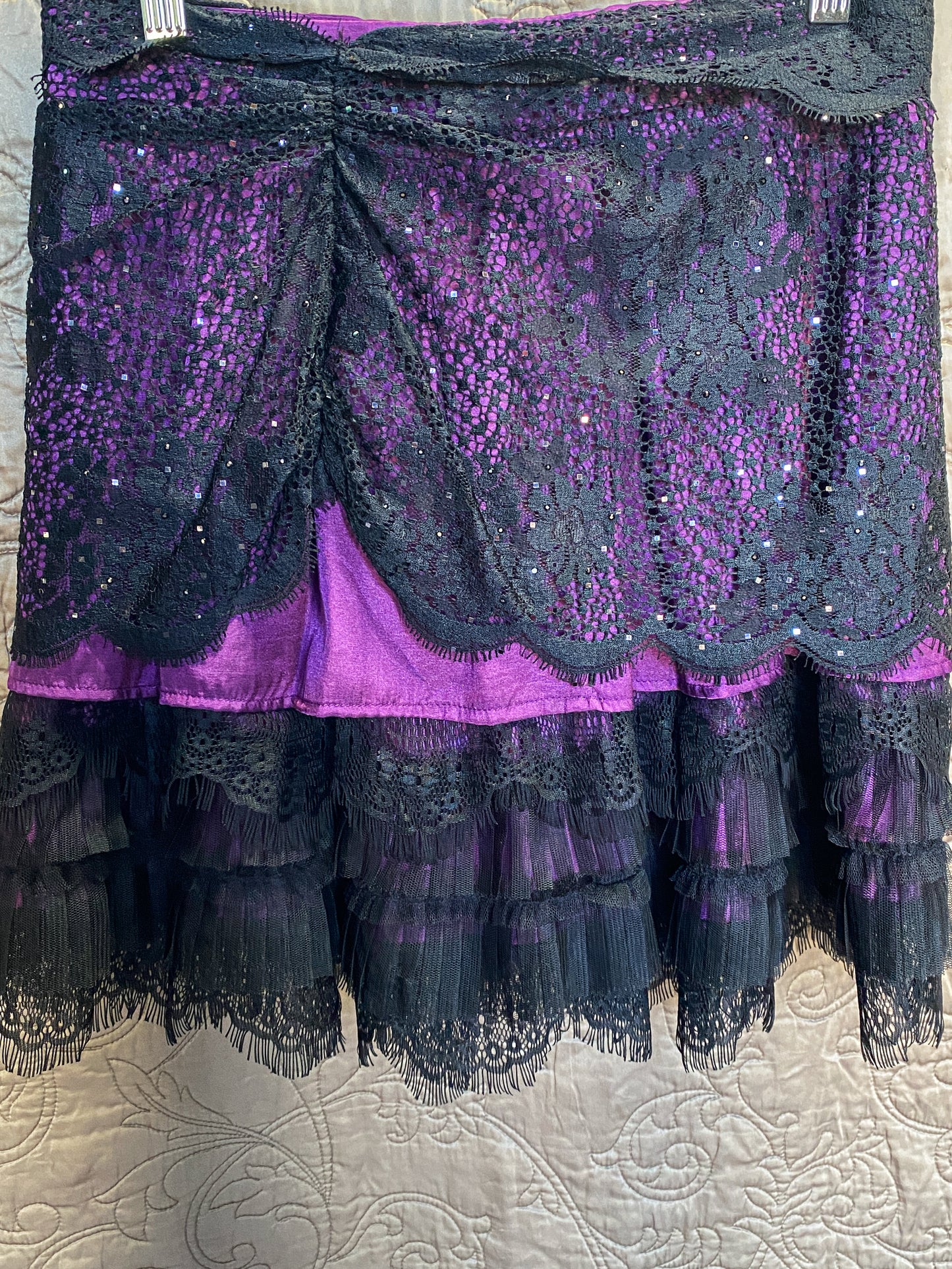 Purple Layered Mini Skirt - Punk, Goth - Lace, Sequin, Ruffle- Size Small