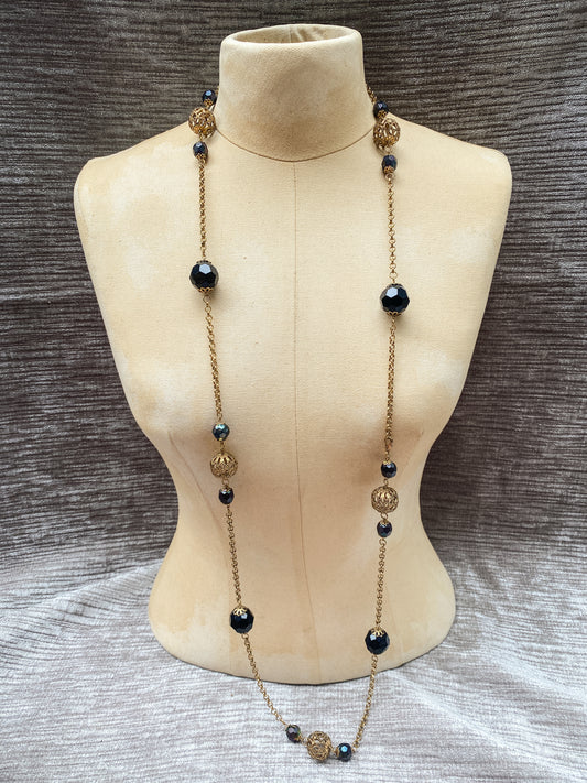 Vintage Black Faceted Bead And Gold Tone Filigree Station Necklace - Extra Long Retro 1970s Style Rope Chain