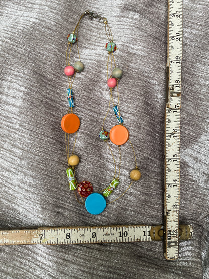 Vintage 90s Triple Strand Art Glass Necklace, Bright Orange And Sky Blue Disc Accents, Funky Nineties Beaded Jewelry, Eclectic Retro Multi Strand Design