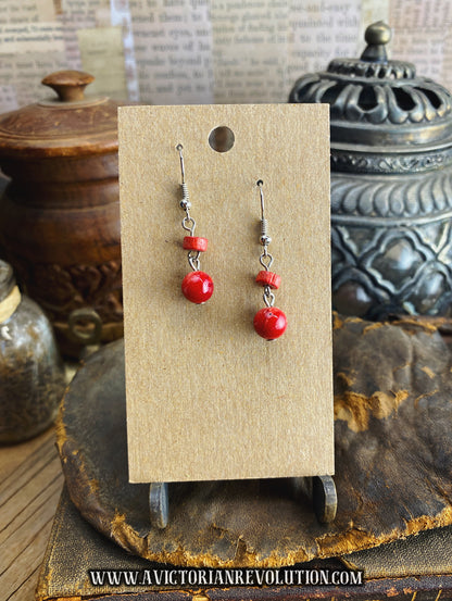Red Beaded Drop Dangle Earrings - Silver Tone Fish Hooks - Minimalist Style, Used, Vintage Charm