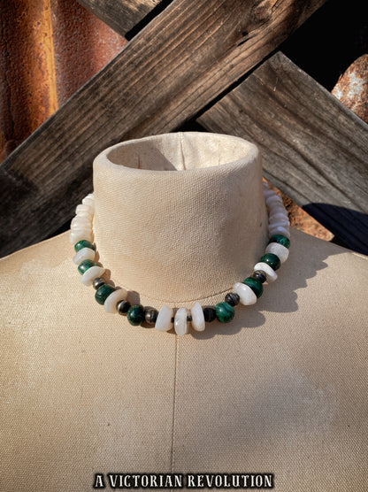 Green Malachite + White Lace Agate, Chunky Gemstone Crystal Necklace