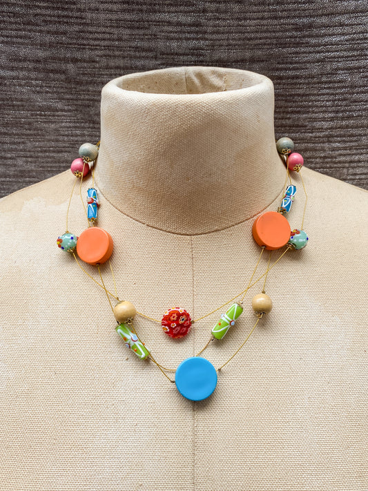 Vintage 90s Triple Strand Art Glass Necklace, Bright Orange And Sky Blue Disc Accents, Funky Nineties Beaded Jewelry, Eclectic Retro Multi Strand Design