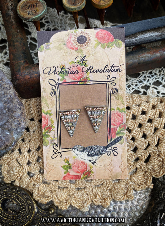 Triangle Rhinestone Stud Earrings - Pink and Clear - Silver Tone - Geometric Vintage