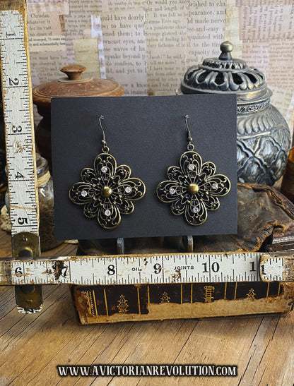 Antique Brass, Ornate Filigree Flower, Clear Crystal Accents, Boho Dangle Earrings - Vintage Style