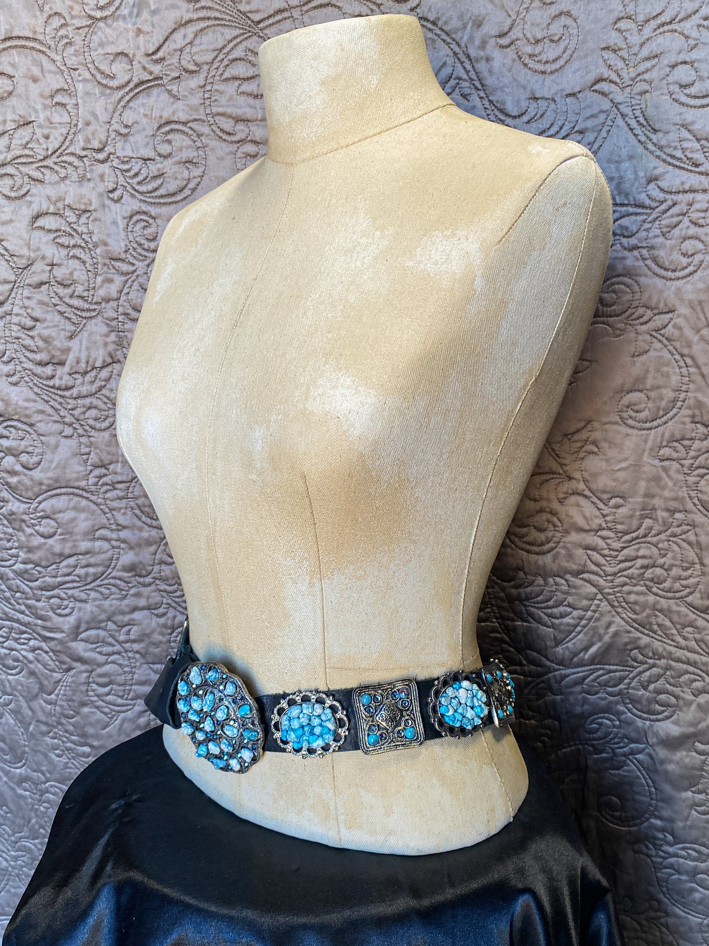 Black Leather Southwestern Concho Belt - Turquoise & Silver Ornate Buckle - Western Shabby Chic Accessory