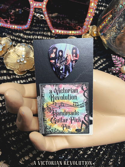 Mötley Crüe Upcycled Guitar Pick Pin - Handmade Music Memorabilia - Classic Rock Band Accessory - Unique Recycled Jewelry Gift - Heavy Metal Fashion Pin - Fan Collectible
