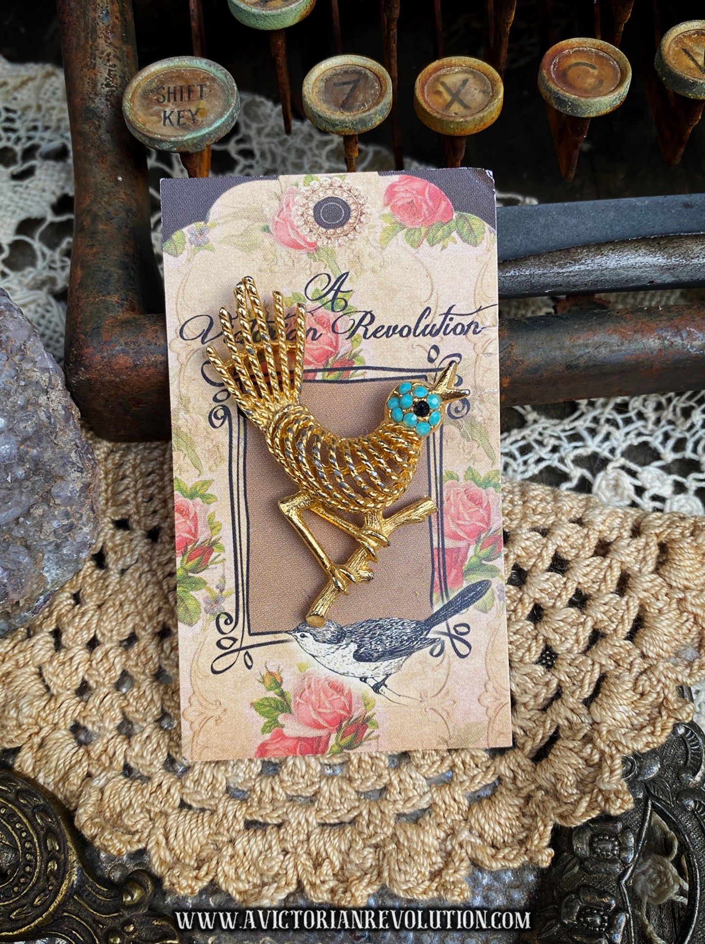 Vintage Gold Tone Bird Brooch - Textured Wire - Turquoise Bead Head - 1960s