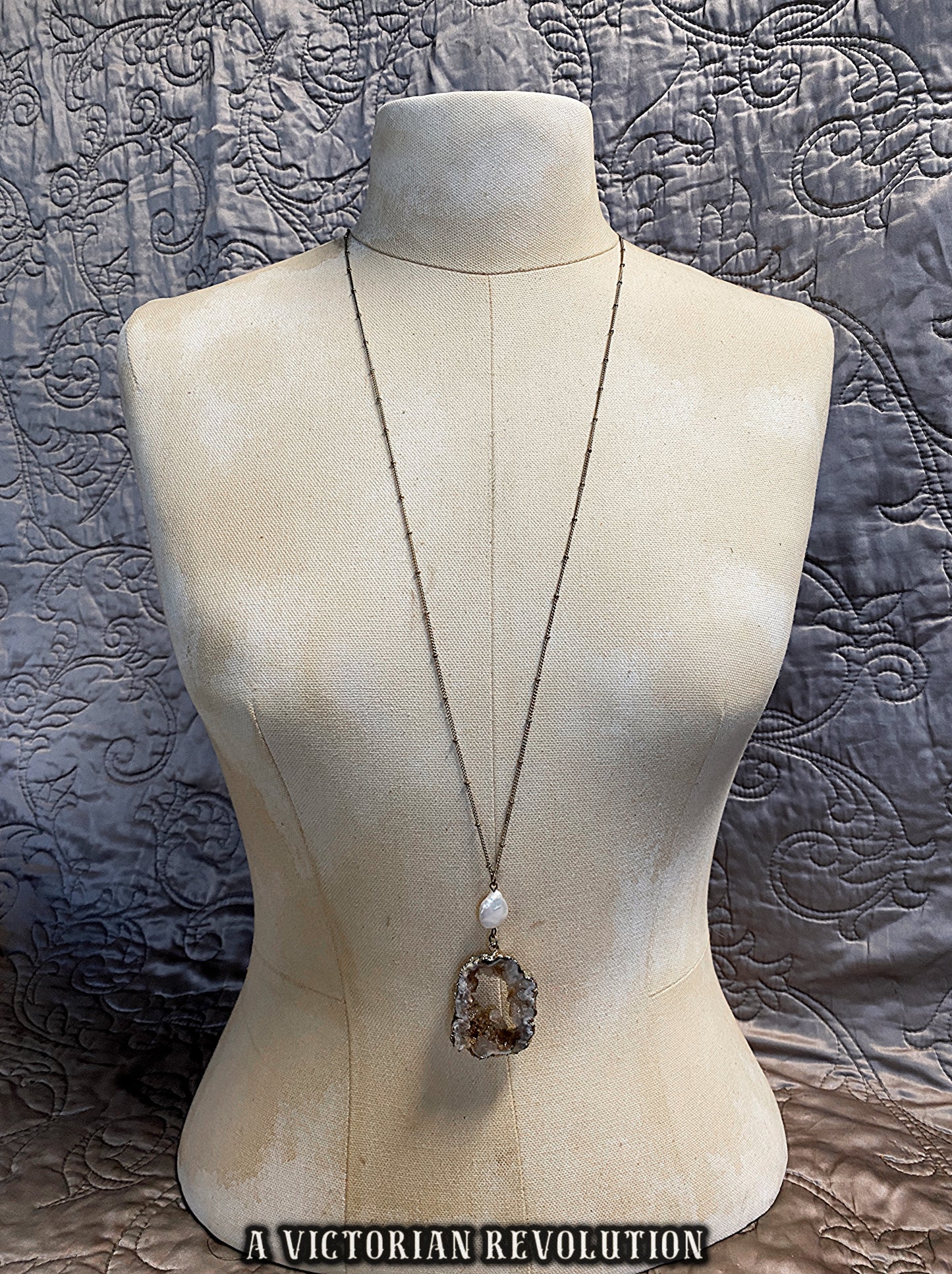 Earthy Raw Geode Druzy Crystal Slice + Baroque Pearl - Long Pendant Necklace Gold Tone - Grunge Fairy