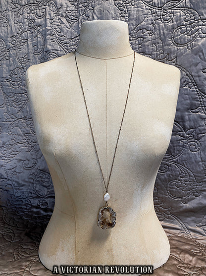 Earthy Raw Geode Druzy Crystal Slice + Baroque Pearl - Long Pendant Necklace Gold Tone - Grunge Fairy