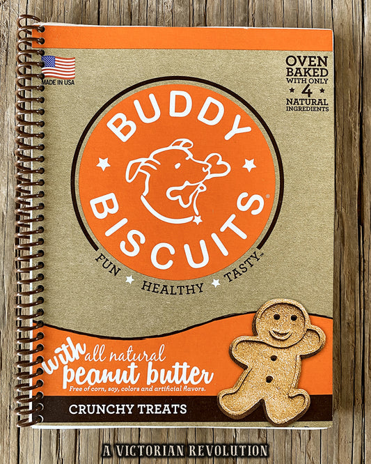 Handmade Upcycled Buddy Biscuits Notebook - Spiral Bound Journal with Peanut Butter Dog Treat Theme - Sustainable Stationery Gift for Dog Lovers - Recycled