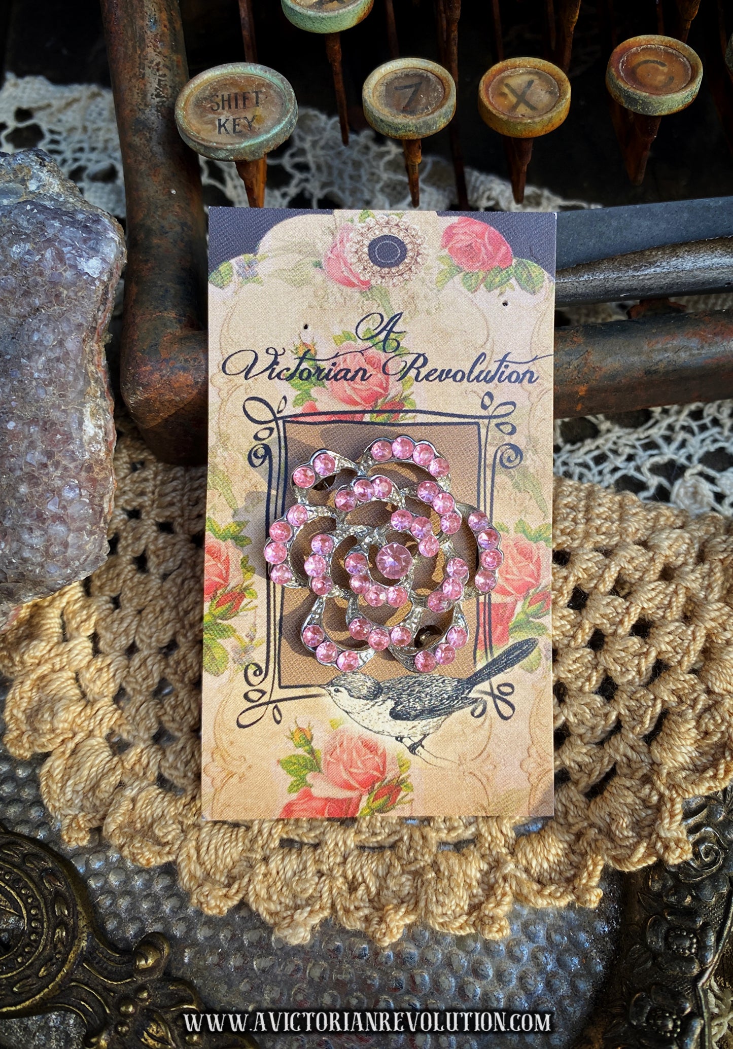 Pink Rhinestone Openwork Rose Brooch - Silver Tone - Floral Retro - Vintage