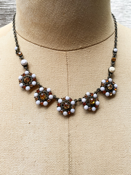Vintage Brass Tone Flower Necklace - White And Amber Rhinestone Floral Statement Choker, Quirky Retro Style