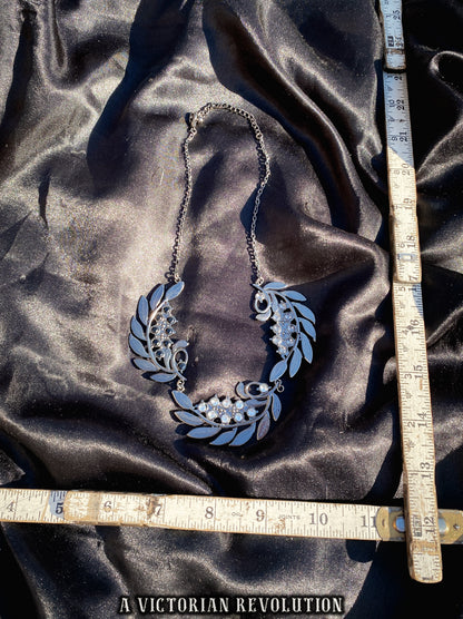 Silver Tone Botanical Leaf Necklace - Black and Clear Rhinestones, Nature Inspired Statement Piece