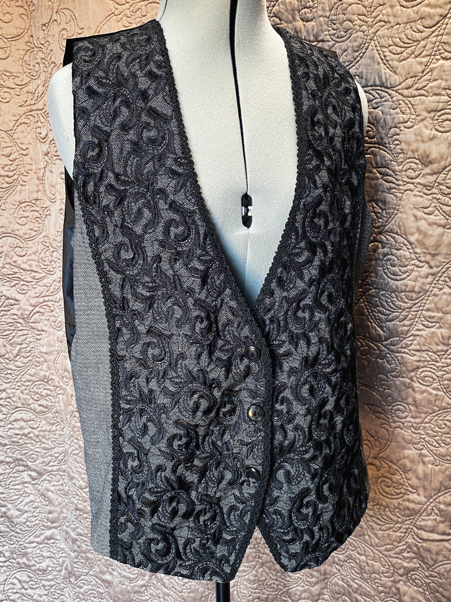 Modern Black and Grey Button Up Vest - Embroidered, Textured Sleeveless Jacket - Chico's Size 2