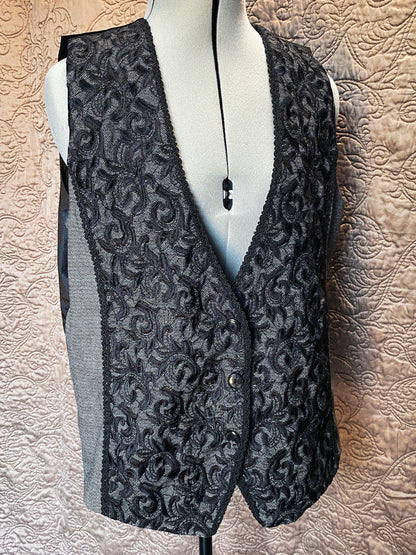 Modern Black and Grey Button Up Vest - Embroidered, Textured Sleeveless Jacket - Chico's Size 2