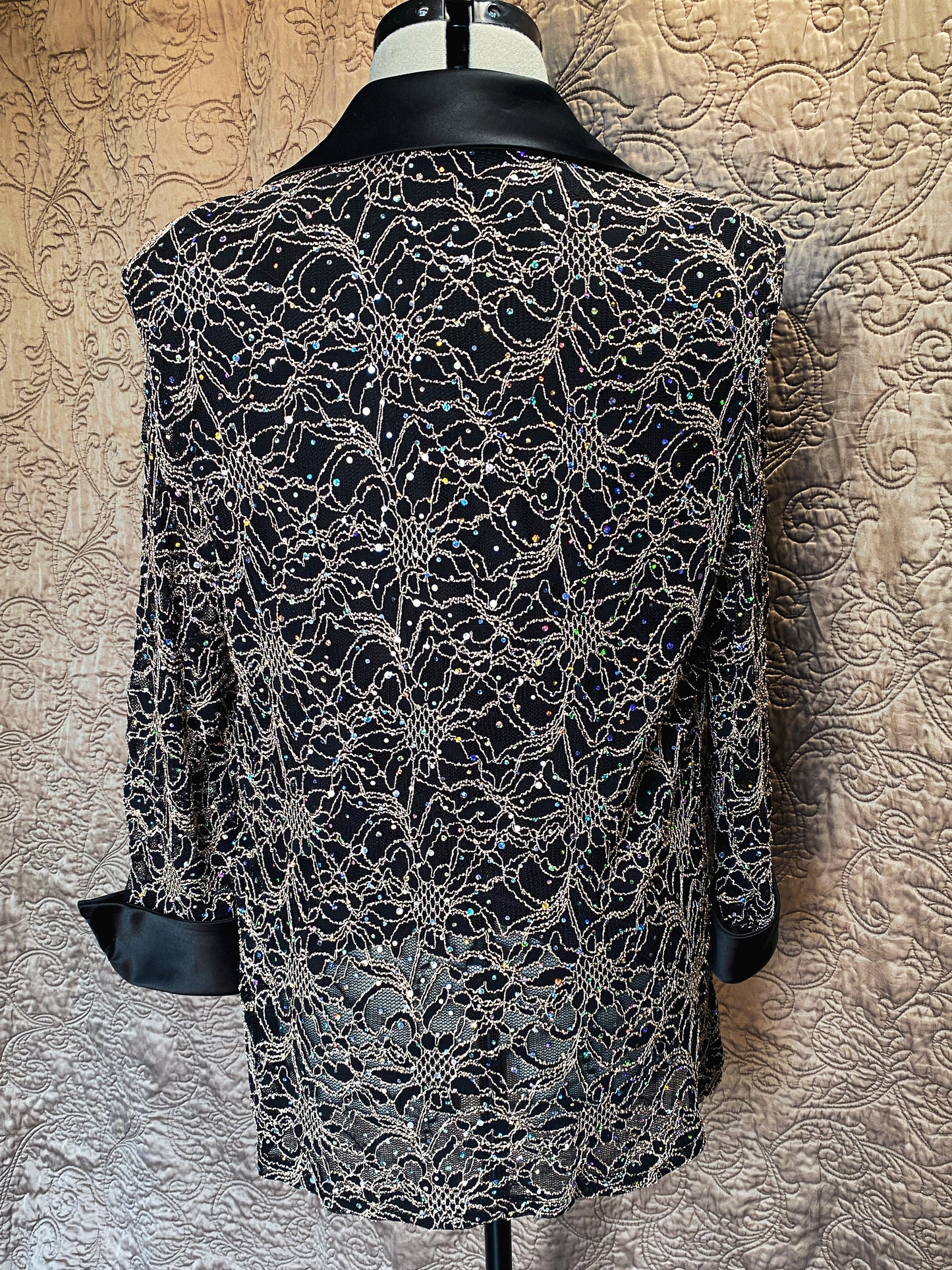 Black and Gold Metallic Lace One-Piece Jacket - Sequin Embellishments, Satin Trim, and Rhinestone Buttons - Formal Evening Blazer - Size 14