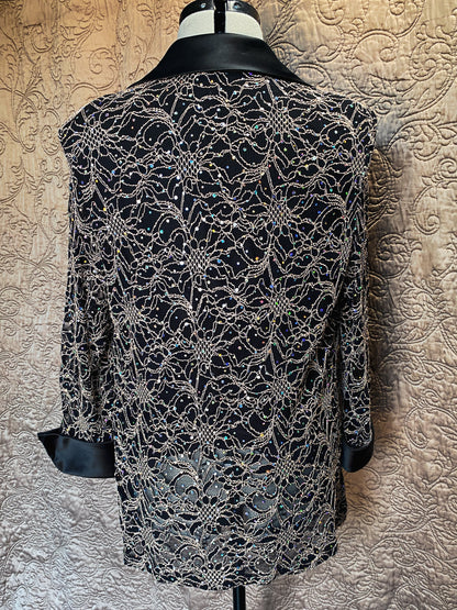 Black and Gold Metallic Lace One-Piece Jacket - Sequin Embellishments, Satin Trim, and Rhinestone Buttons - Formal Evening Blazer - Size 14